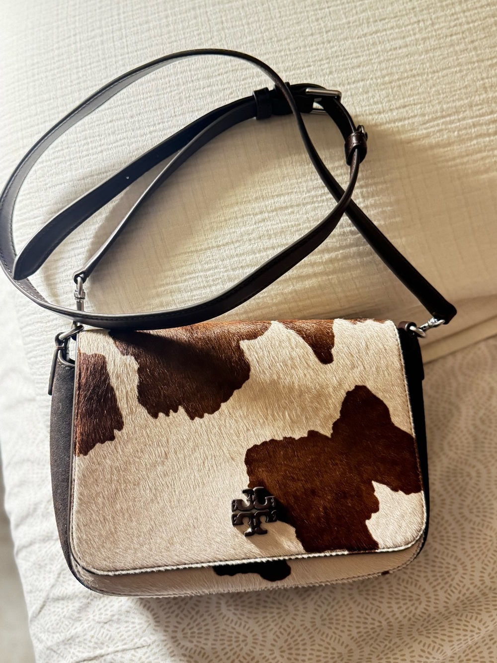 Cowhide Crossbody Bag with Brown and White Pattern